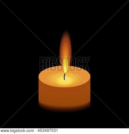 Vector Illustration With Mourning Burning Candle Flame Light On Black Background.