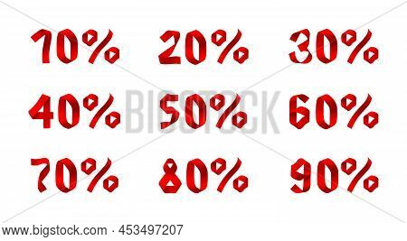 Vector Set Of Realistic Sale Icons. 10,20,30,40,50,60,70,80,90 Percent Off Discount Symbols Collecti
