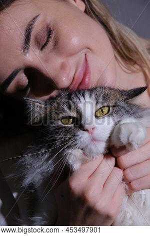 Beautiful Young Happy Girl Holging Her Fluffy Cat. Bestfriends