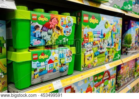 Lego Construction Kits For Sale In Supermarket. Lego Is A Line Of Plastic Construction Toys That Are