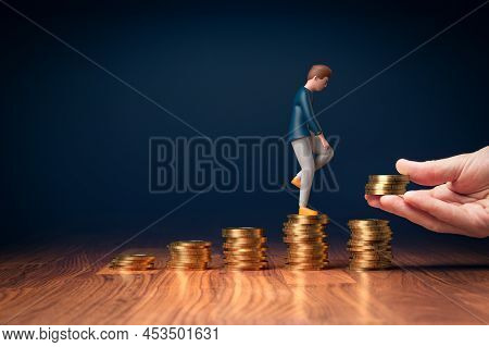 Return On Investment, Growing Savings Or Wage Income Concept. Coins And Model Of Person Going On Inc