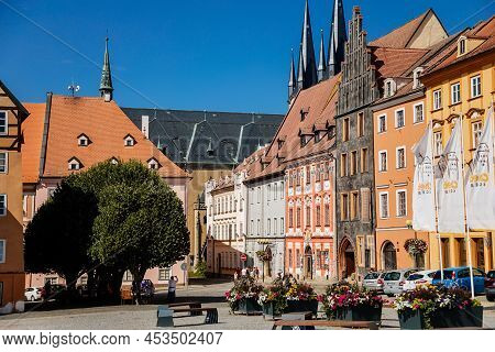Cheb, Western Bohemia, Czech Republic, 14 August 2021: King George Of Podebrady Square, Eger At Sunn