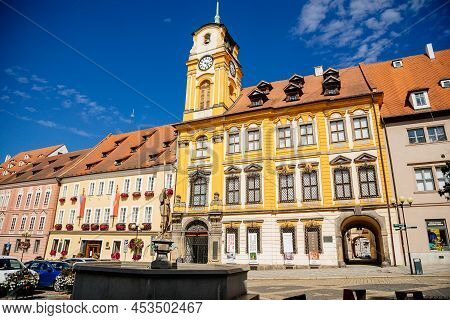 Cheb, Western Bohemia, Czech Republic, 14 August 2021: King George Of Podebrady Square, Eger At Sunn