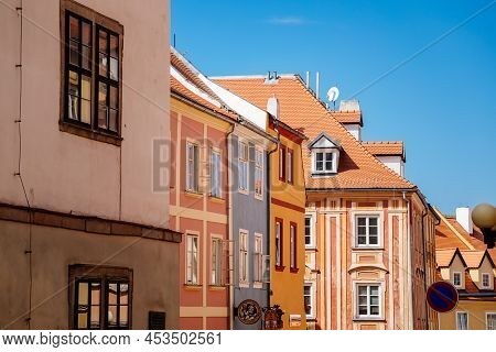 Cheb, Western Bohemia, Czech Republic, 14 August 2021: Narrow Picturesque Street With Medieval Color