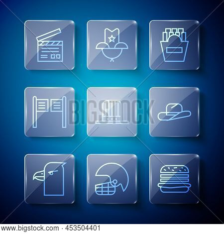 Set Line Eagle Head, American Football Helmet, Burger, Potatoes French Fries In Box, Patriotic Top H