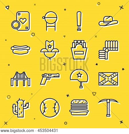 Set Line Pickaxe, Flag Confederate, Indian Headdress With Feathers, Baseball Bat, Western Cowboy Hat