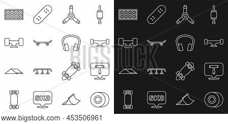 Set Line Skateboard Wheel, T Tool, Y-tool, And Headphones Icon. Vector