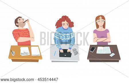 Male And Female Authors Writing Articles Set. Freelance Writers Typing On Laptop Computer And Writin
