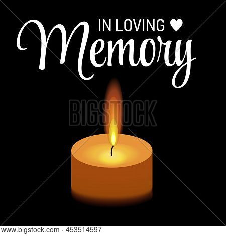 Vector Illustration With Mourning Burning Candle Flame Light On Black Background.