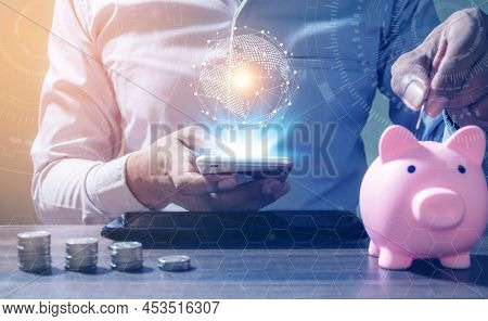Double Exposure, Online Banking Savings Concept, Online Investment Savings, Online Stock Investors, 