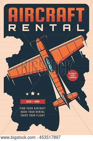 Aircraft Rental Service Vintage Poster With Retro Plane Or Airplane. Vector Air Travel, Old Aviation