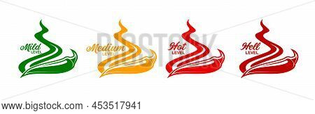 Level Labels And Icons Of Pepper And Fire Flames, Vector Flavor Scale. Green Mild, Yellow Medium And