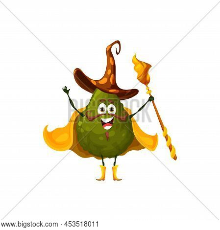 Cartoon Avocado Witch Character, Wizard Magician Fruit Or Vegetable With Magic Wand, Isolated Vector