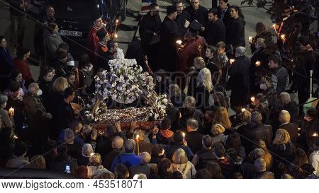 Thessaloniki, Greece - April 22 2022: Good Friday Orthodox Easter Epitaph Procession. Crowd In The S
