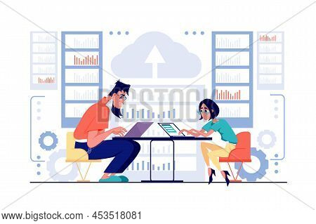 Data Center Concept In Flat Cartoon Design. Man And Woman Working In Server Room, Maintain Hardware,