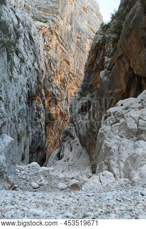 Gola Su Gorropu Gorge With Limestone Rock Walls, Supramonte Mountains, Nuoro, Sardinia, Italy