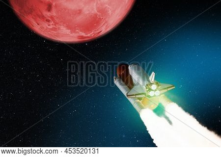 Rocket With Blast And Smoke Takes Off To The Red Planet Mars. Spacecraft Lift Off To Explore Other P