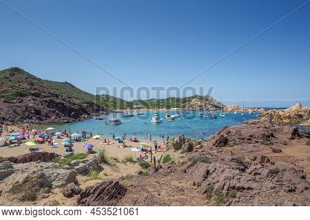 Es Mercadal, Spain - August 7, 2021: Cala Pregonda, A Famous Beach In Menorca Island, Balearic Islan
