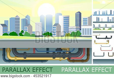 Pipeline For Various Purposes With Parallax Effect. Pipes Of Different Color Calibration. Undergroun