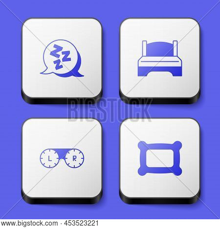 Set Sleepy, Big Bed, Contact Lens Container And Pillow Icon. White Square Button. Vector