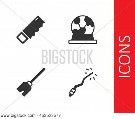 Set Magic Wand, Hand Saw, Witches Broom And Ball Icon. Vector