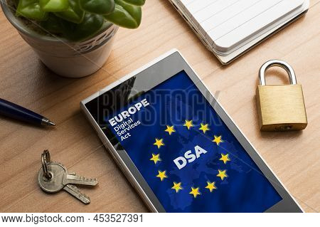 Digital Services Act (dsa) Concept. Smartphone With The European Map And Flag With The Text: Dsa Dig