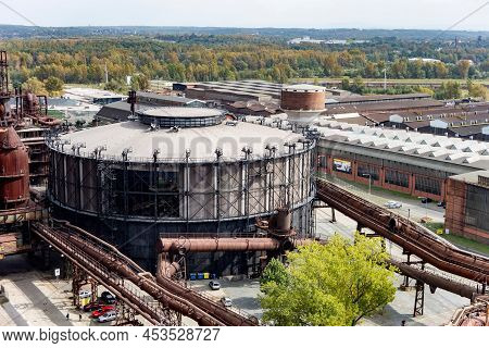 Ostrava, Czechia - September 23, 2020: Gong Gas Tank And Historical Buildings In Ostrava Dolni Vitko