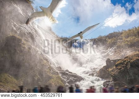 Kjosfossen Waterfall Close The Train Journey Flamsbana Between Flam And Myrdal In Aurland In Western