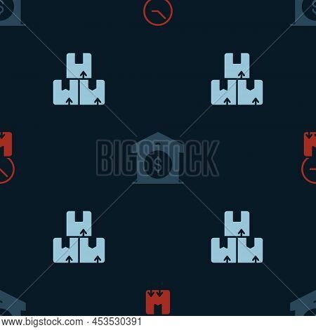 Set Cardboard Box With Clock, Warehouse Price And Carton Cardboard On Seamless Pattern. Vector