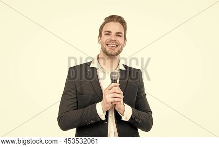 He Works As Anchorman. Happy Anchorman Isolated On White. Business Man Speak To Microphone