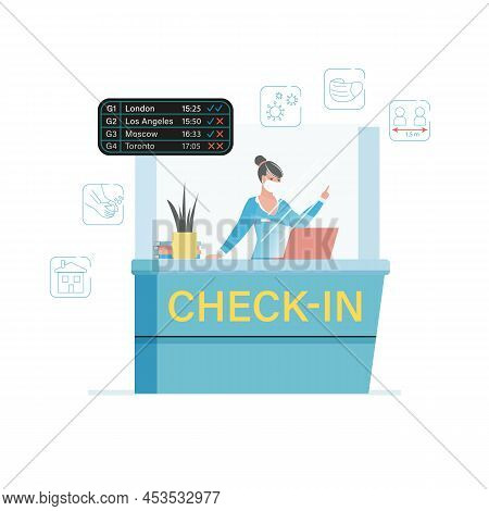 Woman Airport Worker Wearing Mask At Checkin Counter. New Normal Safety Rules Coronavirus Quarantine