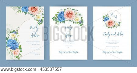 Floral, Wedding Invite Card Set. Delicate Blue Hydrangea, Blush Peach, Yellow Rose Flowers, Eucalypt