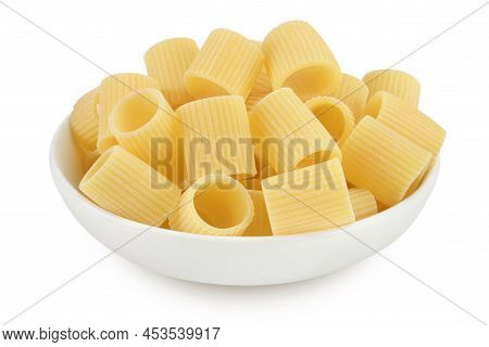 Raw Italian Pasta In Ceramic Bowl Isolated On White Background With Clipping Path . Mezze Maniche Ri