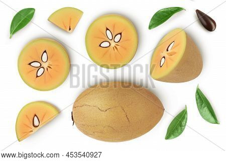 Sapodilla Isolated On White Background With Clipping Path And Full Depth Of Field. Top View. Flat La