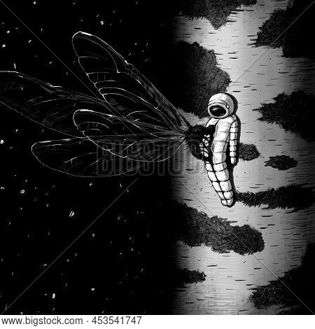Fantasy Sci-fi Surreal Cosmos Fiction Square Black And White Artwork With Dead Astronaut Somwhere In
