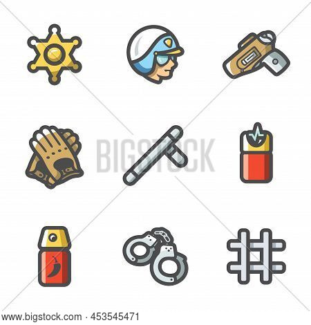 Vector Set Of Police Icons. Sheriff, Law, Weapon, Ammunition, Neutralization, Pacification, Suppress