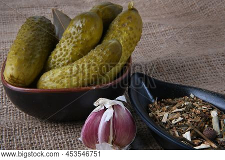 Close Up Of The Pickled Cucumber Cherking Rural On Hessian
