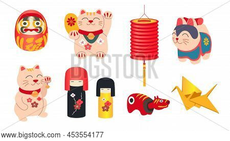 Different Japanese National Toys Vector Illustrations Set. Collection Of Drawings Of Lucky Maneki Ne