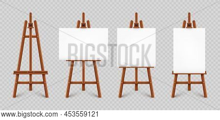 Realistic Paint Desk With Blank White Canvas. Wooden Easel And A Sheet Of Drawing Paper. Presentatio