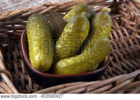 Close Up Of The Pickled Cucumber In Basket Rural