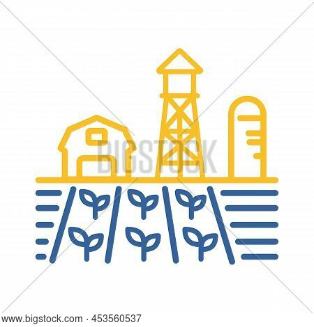 Farm Landscape With Barn, Windpump, Seedling And Water Tower Vector Icon. Agriculture Sign. Graph Sy