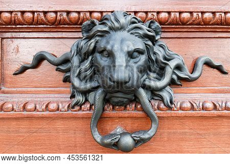 European Vintage Old Metal Wrought Iron Door Knocker. Design Detail. Paris.