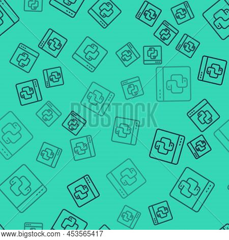 Black Line Python Programming Language Icon Isolated Seamless Pattern On Green Background. Python Co