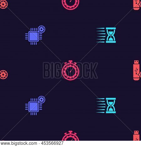 Set Old Hourglass With Sand, Processor Setting, Time Management And Usb Flash Drive On Seamless Patt