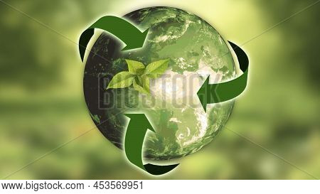 Rounded green natural circle with on leaf and cover green arrows is the symbol of fresh environment and remove dust and destroy thing in this Eco friendly environment.