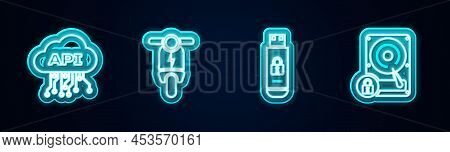 Set Line Cloud Api Interface, Electric Scooter, Usb Flash Drive With Lock And Hard Disk And. Glowing