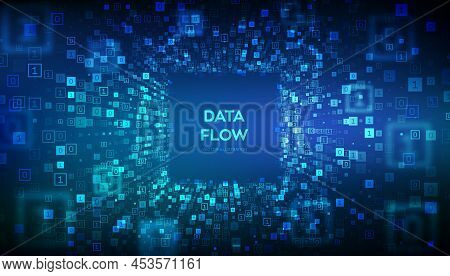 Data Flow. Binary Data Flow Tunnel. Virtual Tunnel Warp. Coding, Programming Or Hacking Concept. Abs