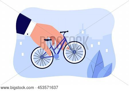 Hand Of Businessman Holding Bicycle For City Ride. Person Using Sharing Rental System Flat Vector Il