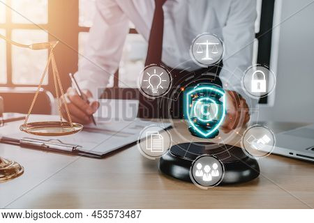 Copyright Or Patent Concept, Woman Hand Holding Judge Gavel On Desk With Vr Screen Copyright Icon Ba