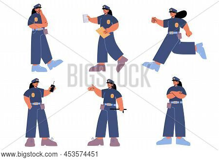 Set Of Police Woman Officer, Female Cop At Work. Policewoman Wear Uniform Issue A Fine, Run, Use Wal